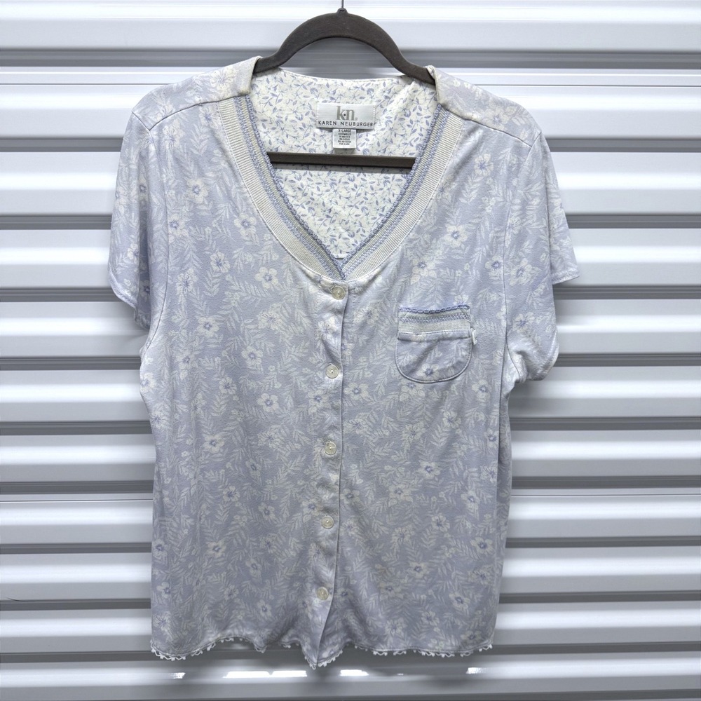 Karen‎ Neuburger Womens XL Blue Floral Button Down Short Sleeve Lace Trim Top